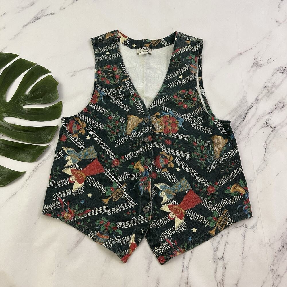 Stampede Womens Vintage 90s Denim Christmas Holiday Vest Size S Green Music Note